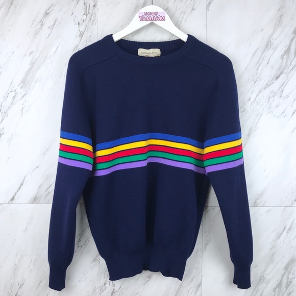 Vintage Sweaters - Vintage Rainbow Striped Crew Neck Sweater